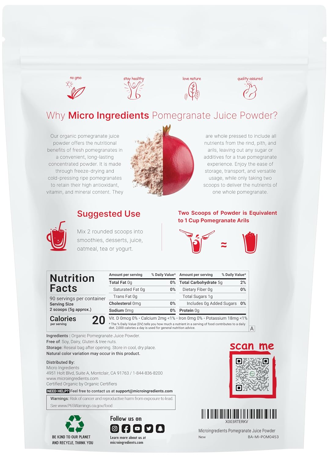 Organic Pomegranate Juice Powder - 100% Natural Fruit Powder - Freeze Dried & Cold Pressed