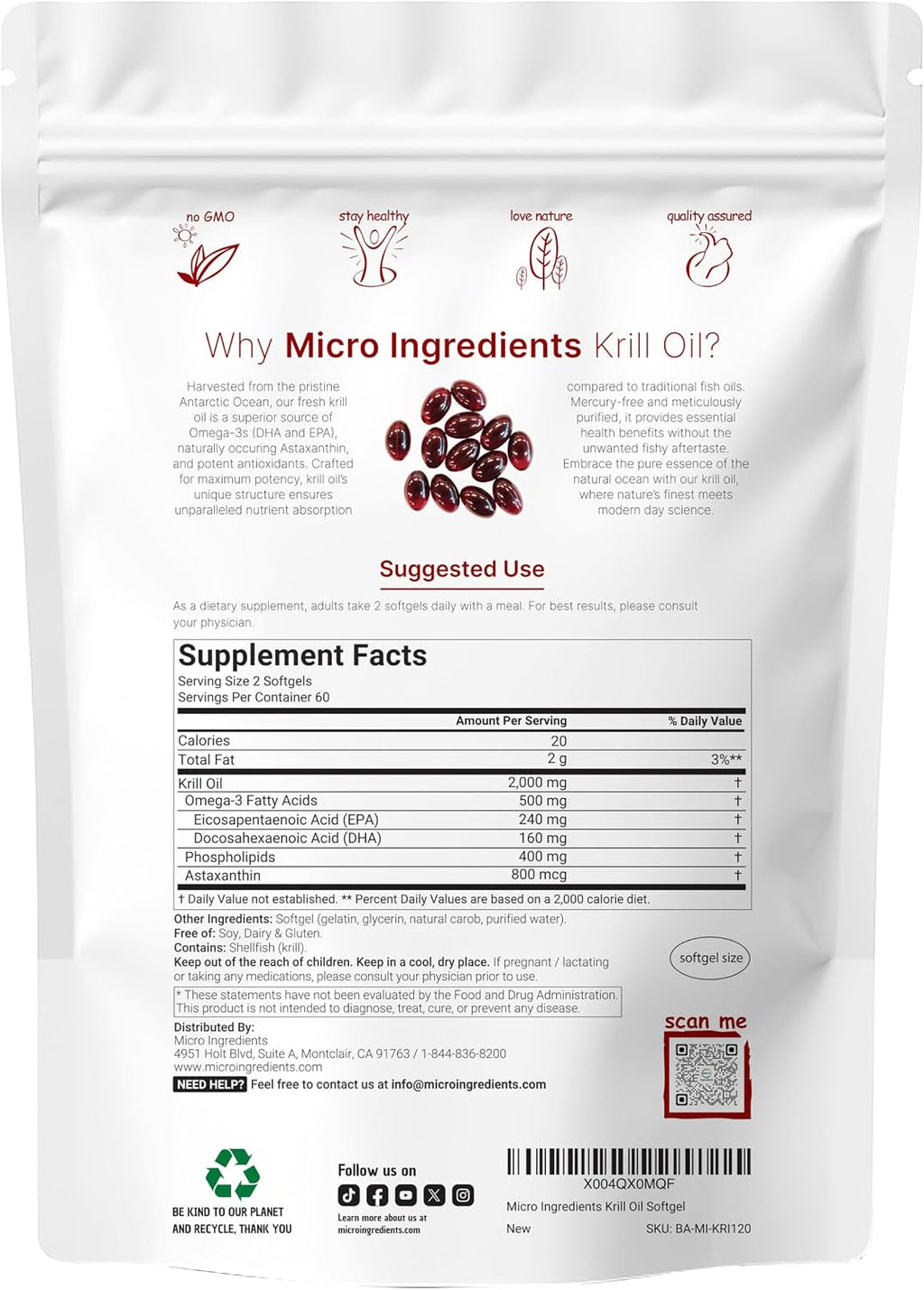 Micro Ingredients Antarctic Krill Oil Supplement 120 Count