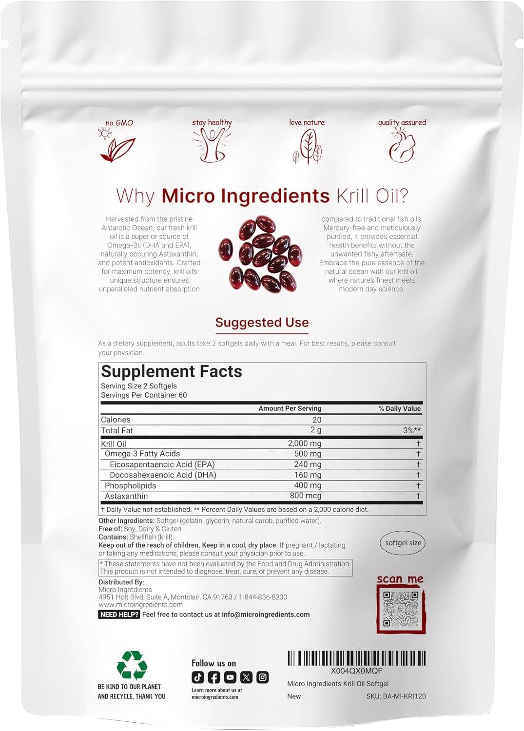 Micro Ingredients Antarctic Krill Oil Supplement 120 Count