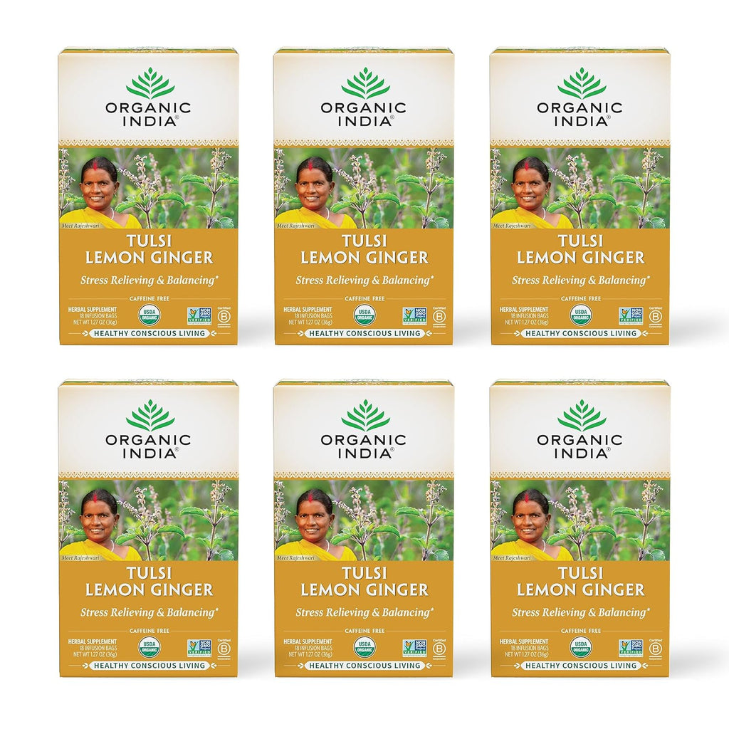 ORGANIC INDIA Tulsi Lemon Ginger Tea Bags, Vegan, 18 Infusion Bags, 6 Pack