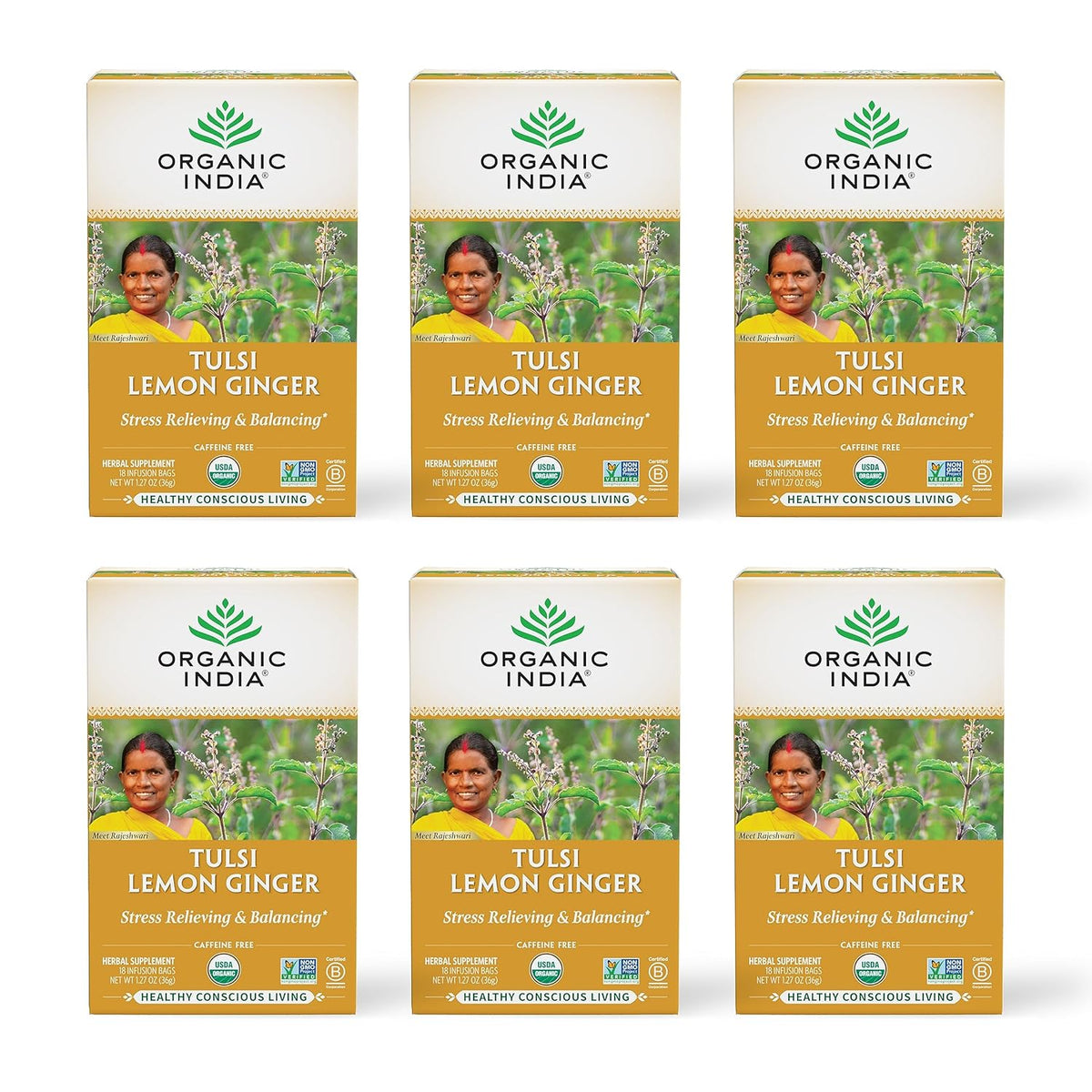 ORGANIC INDIA Tulsi Lemon Ginger Tea Bags, Vegan, 18 Infusion Bags, 6 Pack