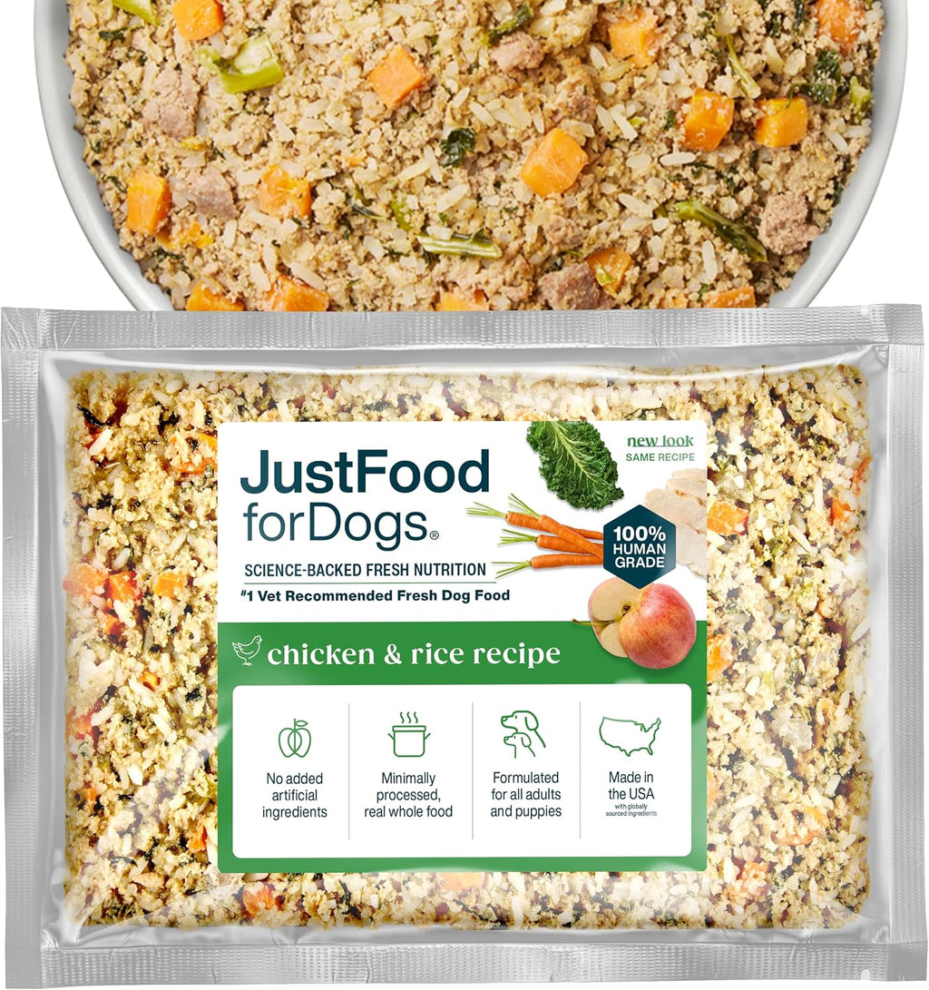 Just Food For Dogs Frozen Fresh Dog Food, Complete Meal or Topper, Chicken & Rice Human Grade Recipe, 18 oz (Pack of 7)