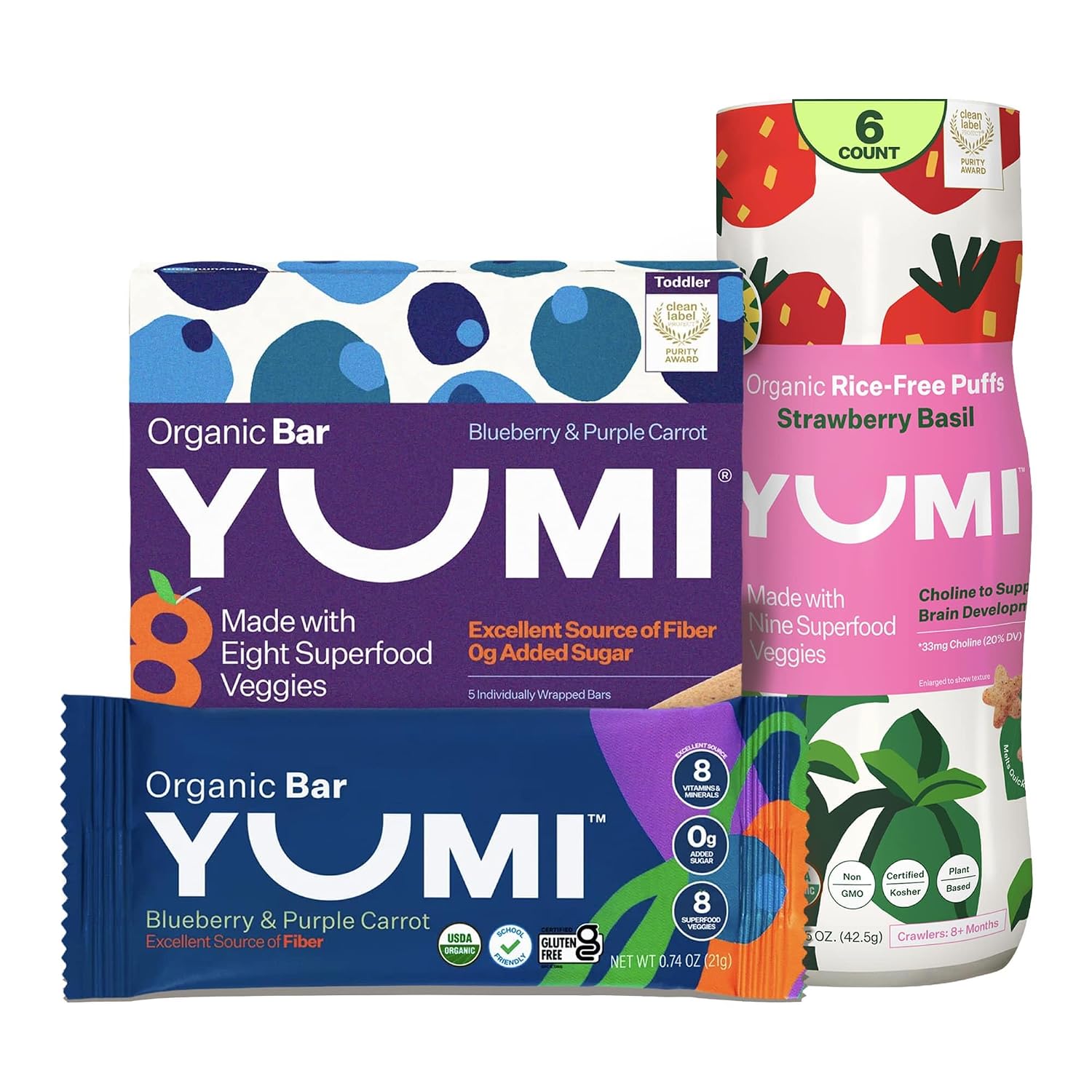 Yumi Organic Toddler Snacks Bars - Blueberry & Purple Carrot & YUMI Rice-Free Baby Puffs Strawberry Basil