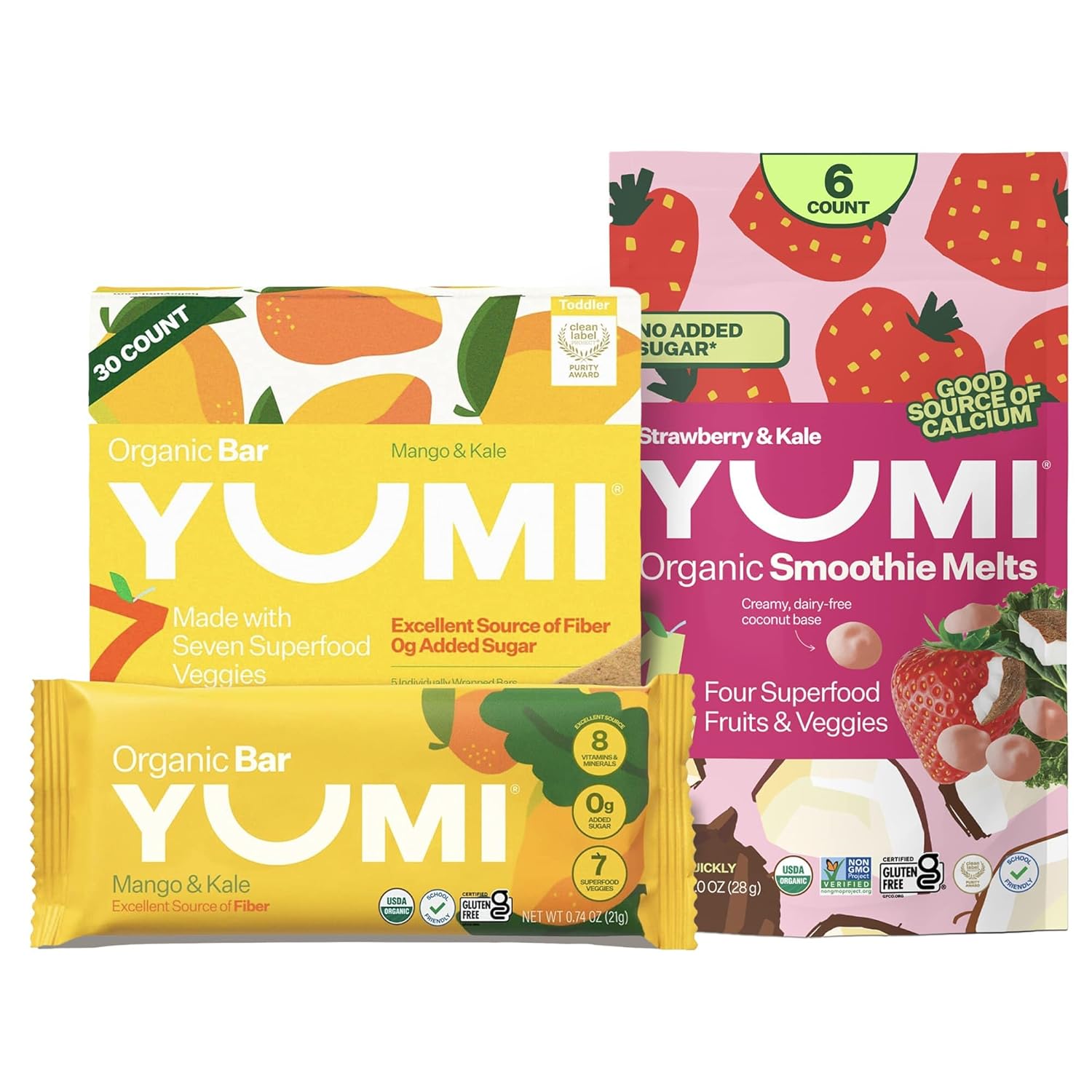 Yumi Organic Toddler Snacks Bars Mango & Kale & Yumi Smoothie Melts - Strawberry & Kale