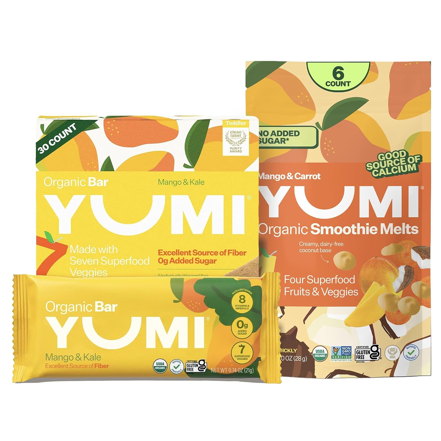 Yumi Organic Toddler Snacks Bars - Mango & Kale & Yumi Smoothie Melts - Fruit & Veggies