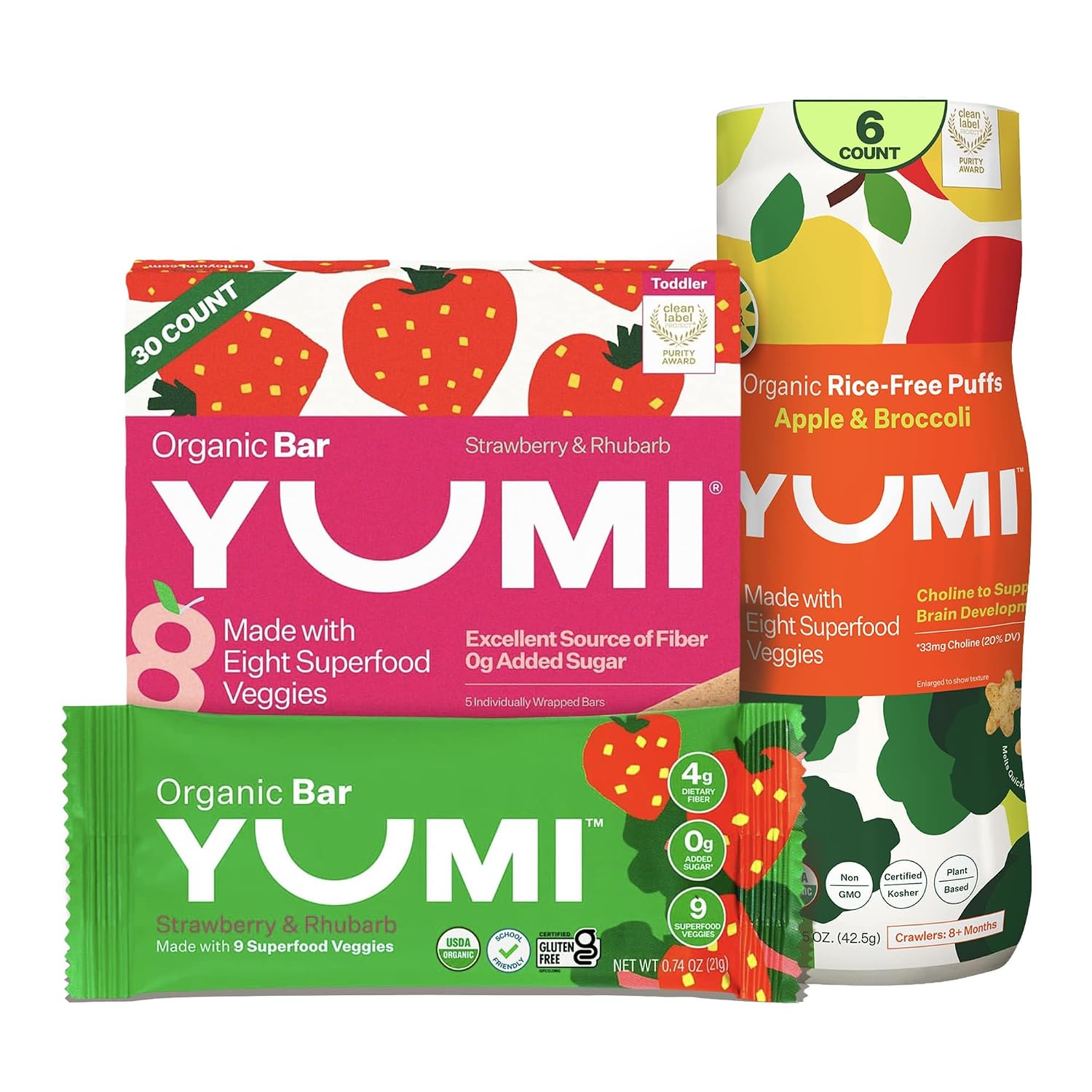 Yumi Organic Toddler Snacks Bars Strawberry & Rhubarb & Free Baby Puffs- Apple & Broccoli