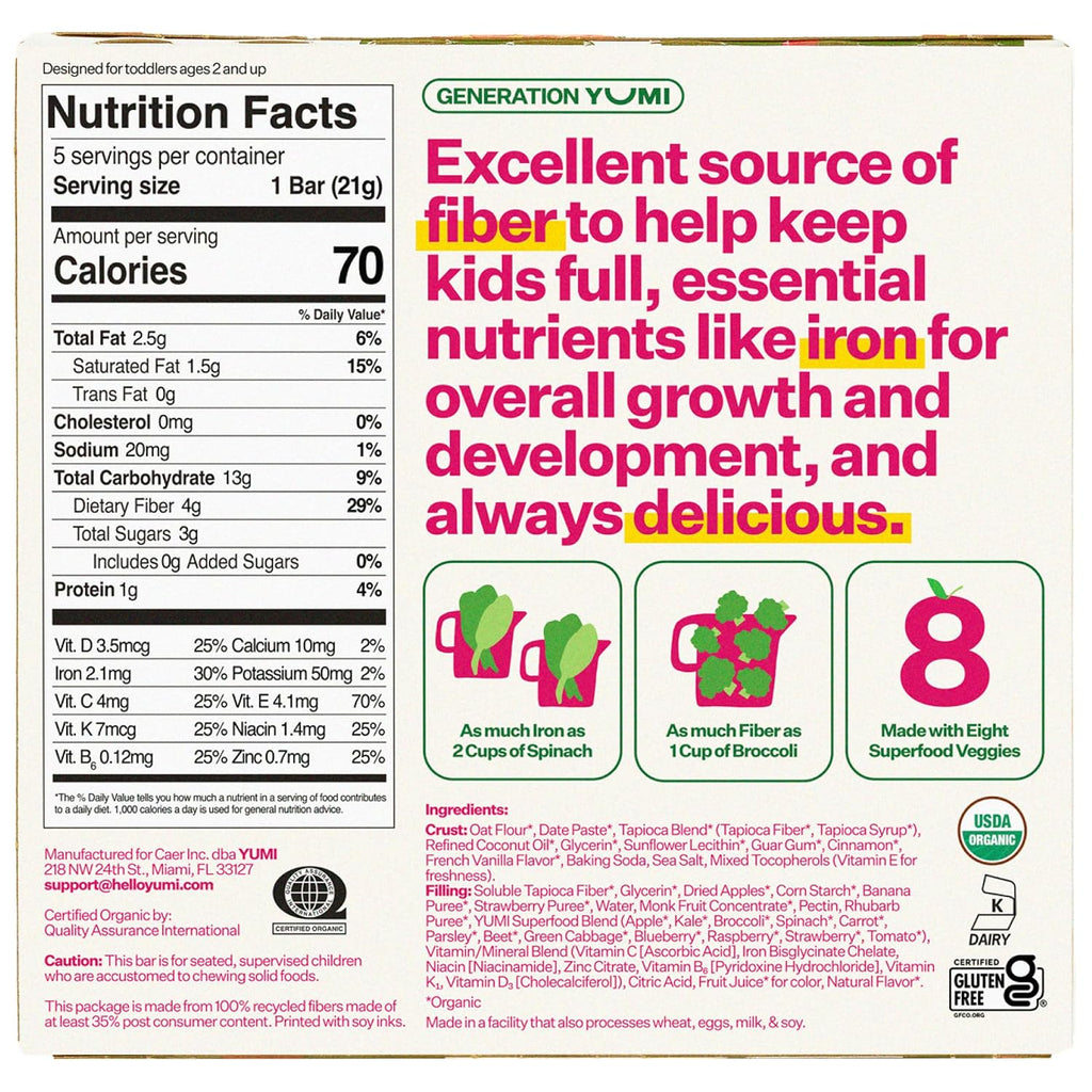 Yumi Organic Toddler Snacks Bars Strawberry & Rhubarb & Free Baby Puffs- Apple & Broccoli