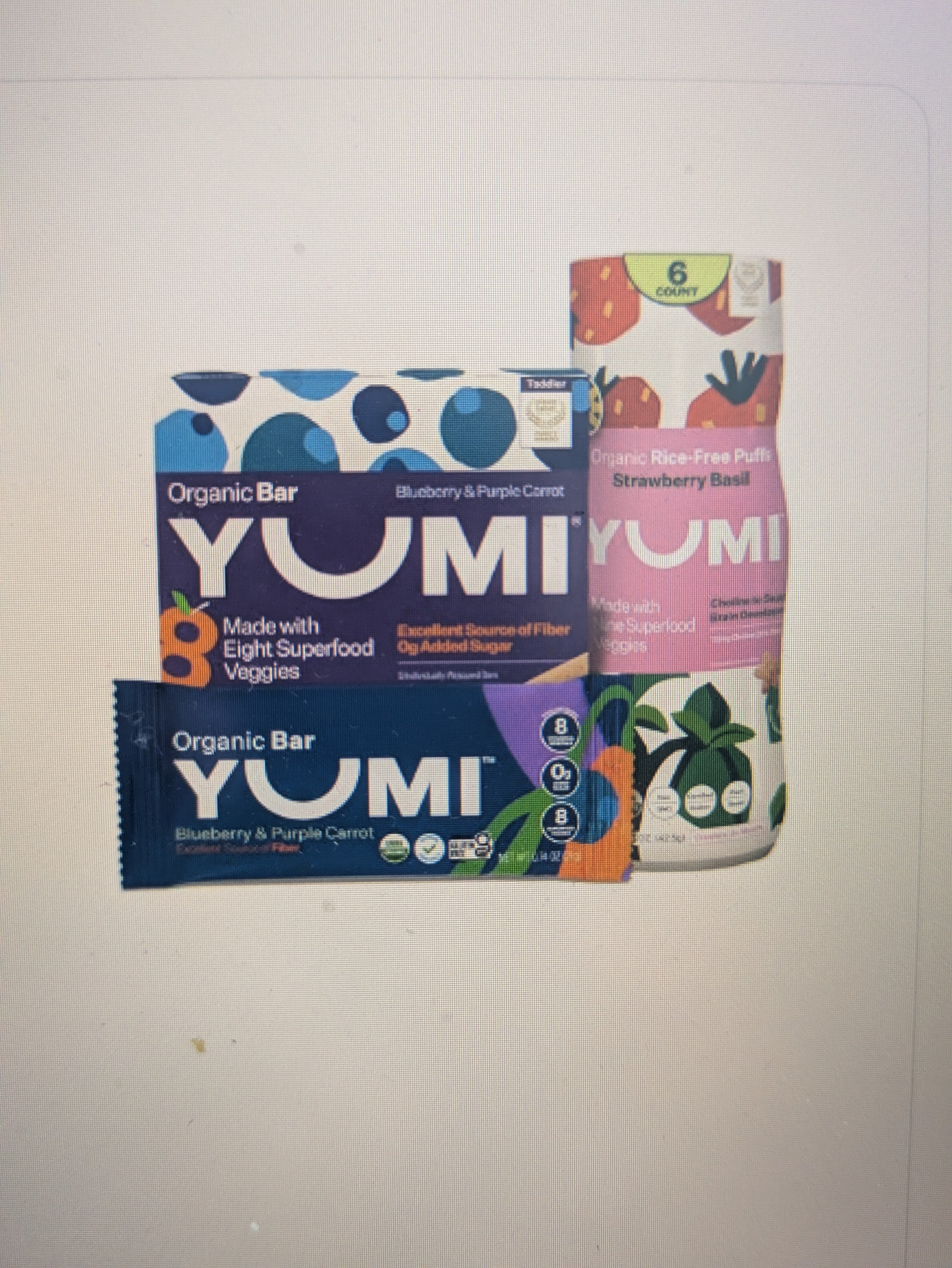 Yumi Organic Toddler Snacks Bars - Blueberry & Purple Carrot & YUMI Rice-Free Baby Puffs Strawberry Basil