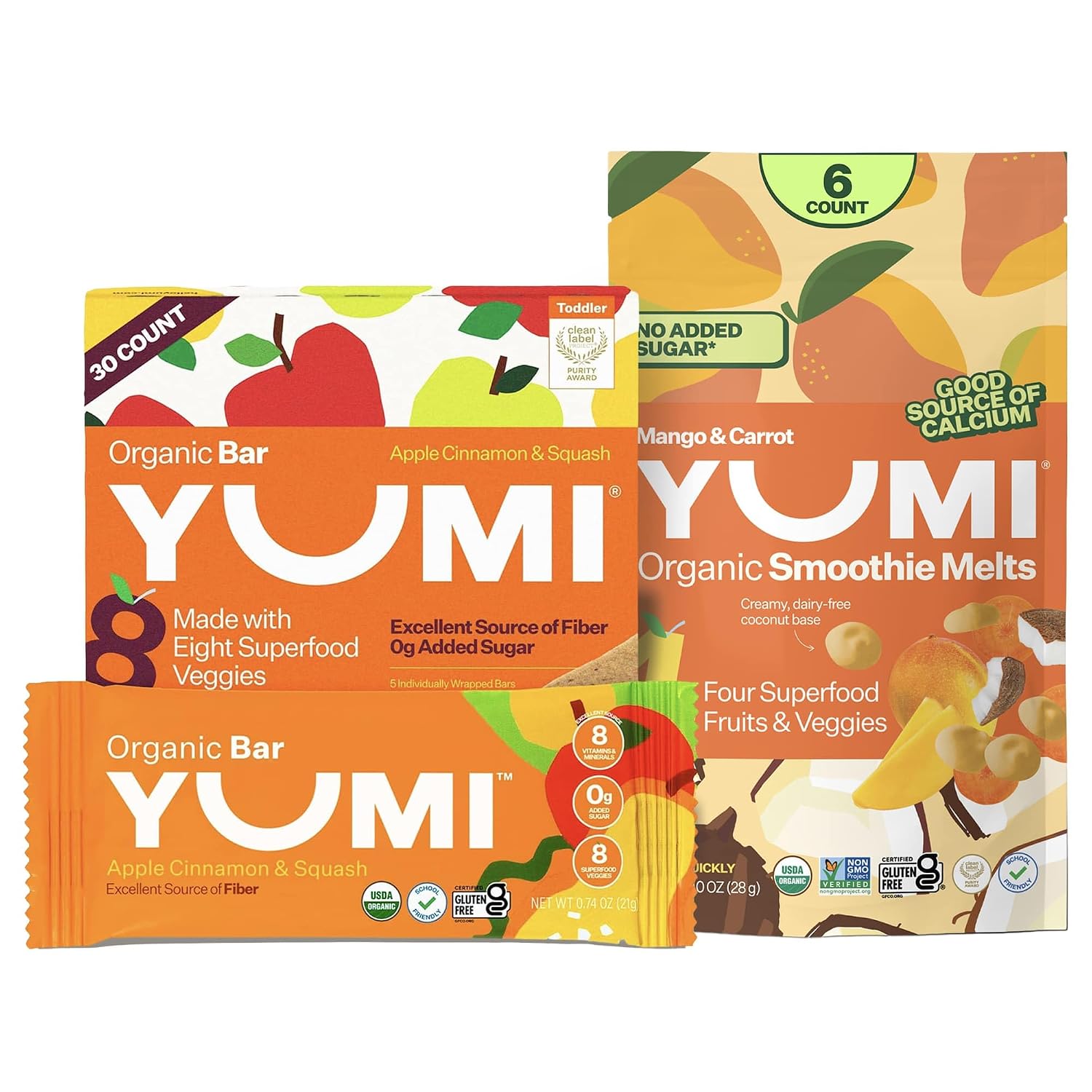 Yumi Organic Toddler Snacks Bars Apple Cinnamon & Squash  & Yumi Smoothie Melts Mango & Carrot